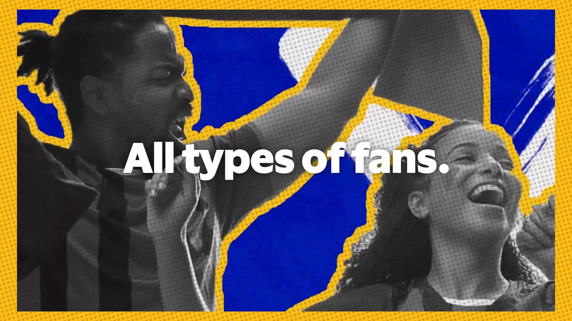 Two enthusiastic sports fans cheer with arms raised. The image has a bold, blue and yellow graphic design. Text reads, "All types of fans."