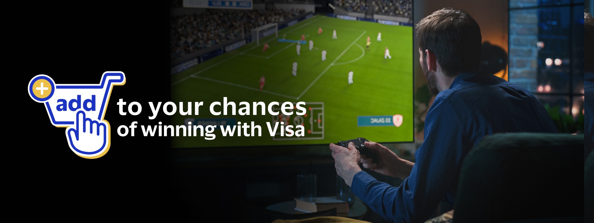 Person playing a football video game on a TV screen at home