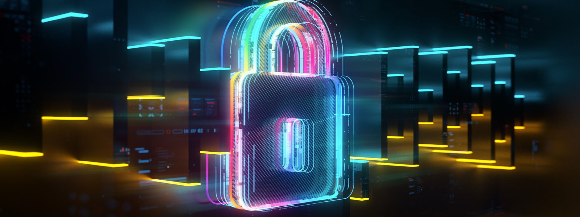 Glowing, multicolor digital lock on tech background