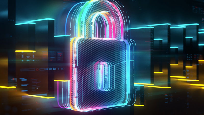 Glowing, multicolor digital lock on digital tech background