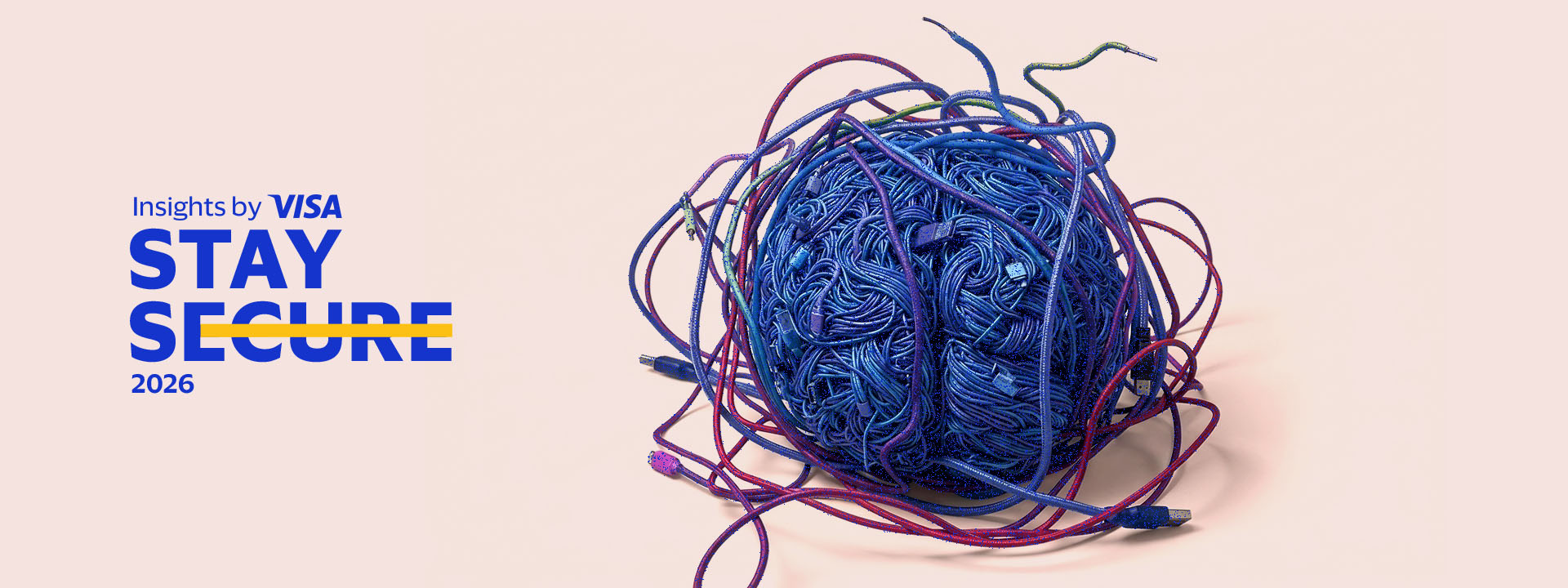 A tangled ball of colorful cables sits on a light background. Text reads "Insights by Visa: Stay Secure 2026."