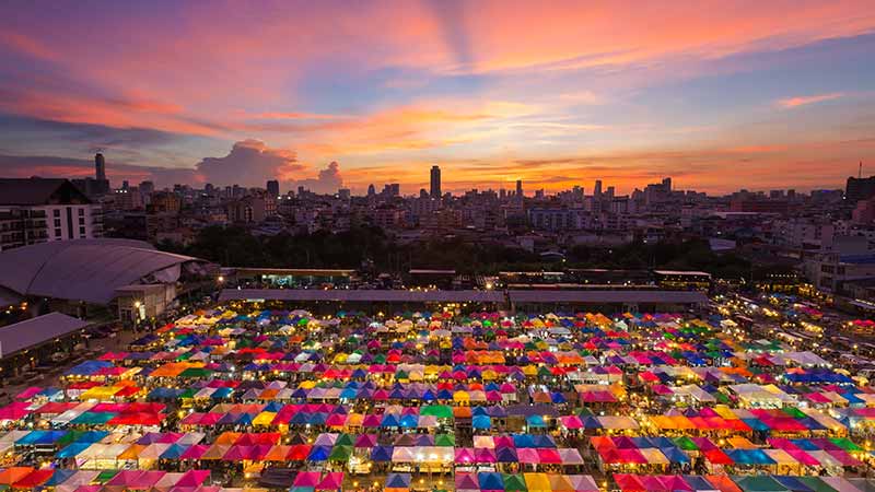 Aerial view of flea market in Bangkok with beautiful sky after sunset