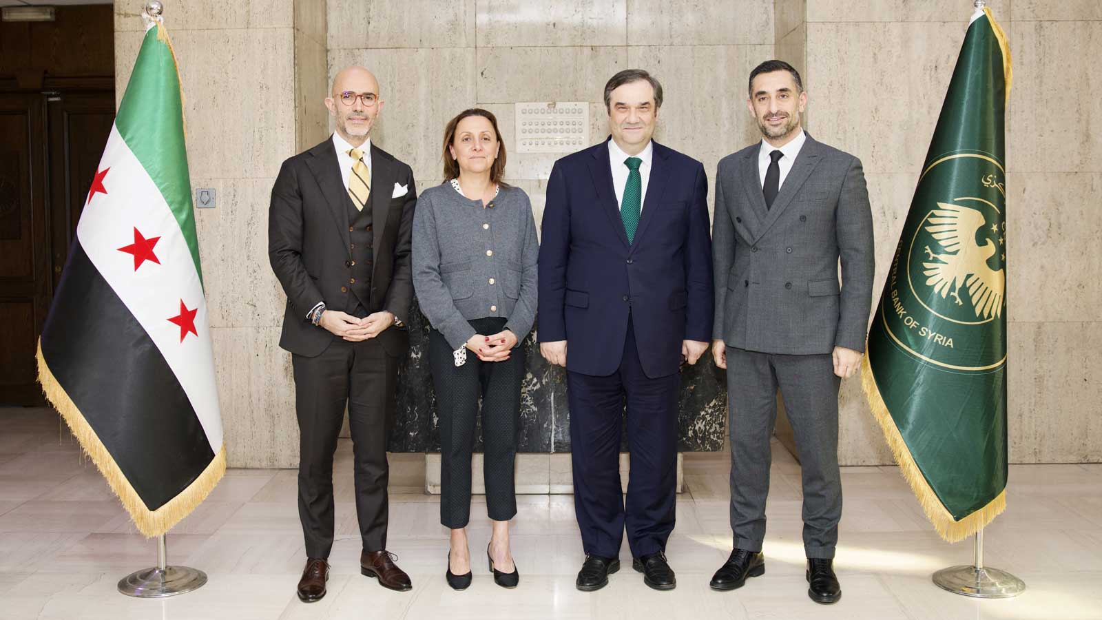 Pictured from left to right : Raed Hergli, Vice President – Government Engagement GCC & NALP, Visa ; Leila Serhan, Senior Vice President and Group Country Manager for North Africa, Levant and Pakistan, Visa ; Dr. Abdulkader Husrieh, Governor of the Central Bank of Syria; Mario Makary, Vice President, Country Manager – Levant, Visa